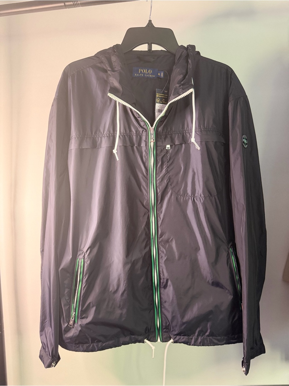 Polo by Ralph Lauren Dark Navy Hooded Windbreaker with Green-Trim Zippers